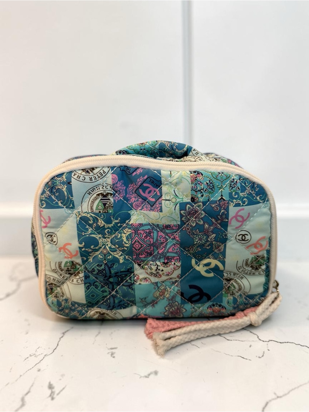 Source Unknown Quilted Patchwork Cosmetic Pouch in Teal, Light Blue & Pink